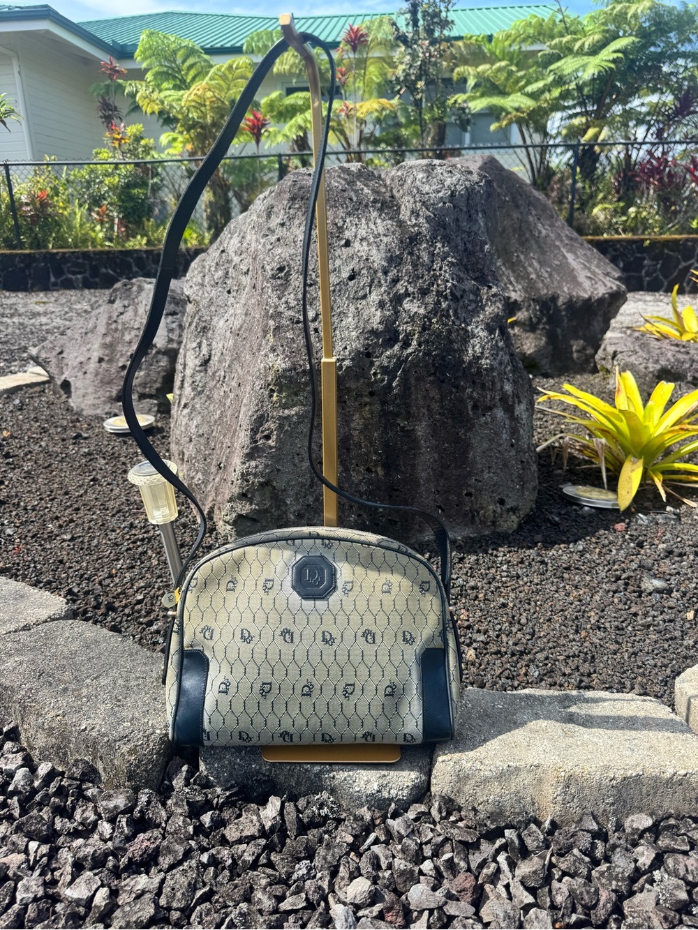 Christian Dior Vintage Monogram Crossbody Bag Navy Canvas Made in France